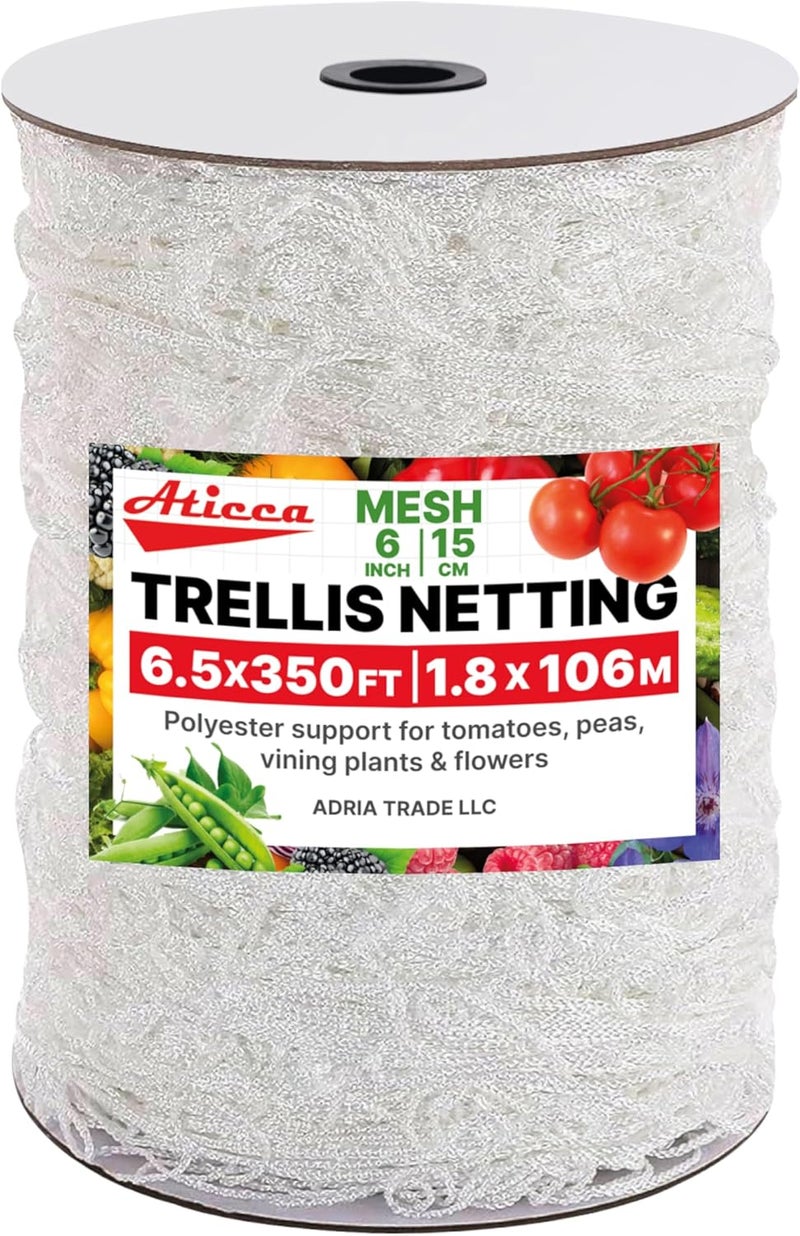 Aticca Trellis Netting 6.5 x 350 ft Heavy Duty Polyester Plant Support Netting White - 6 Inch Garden Rope Trellis on Roll - Mesh Twine for Growing Vine Climbing Plants, Flowers, Peas, and Tomatoes. - Image 1